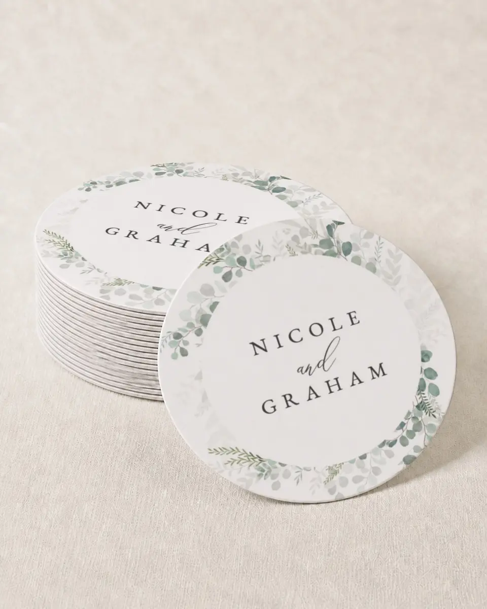 This is a 4" x 4" Wedding Coaster called Elegant Greenery printed in full color on Kraft Chipboard paper