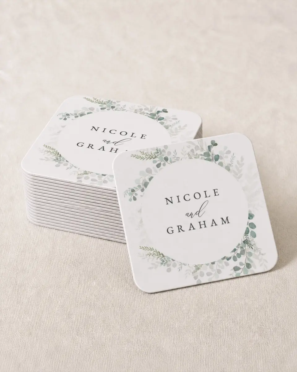 This is a 4" x 4" Wedding Coaster called Elegant Greenery printed in full color on Kraft Chipboard paper