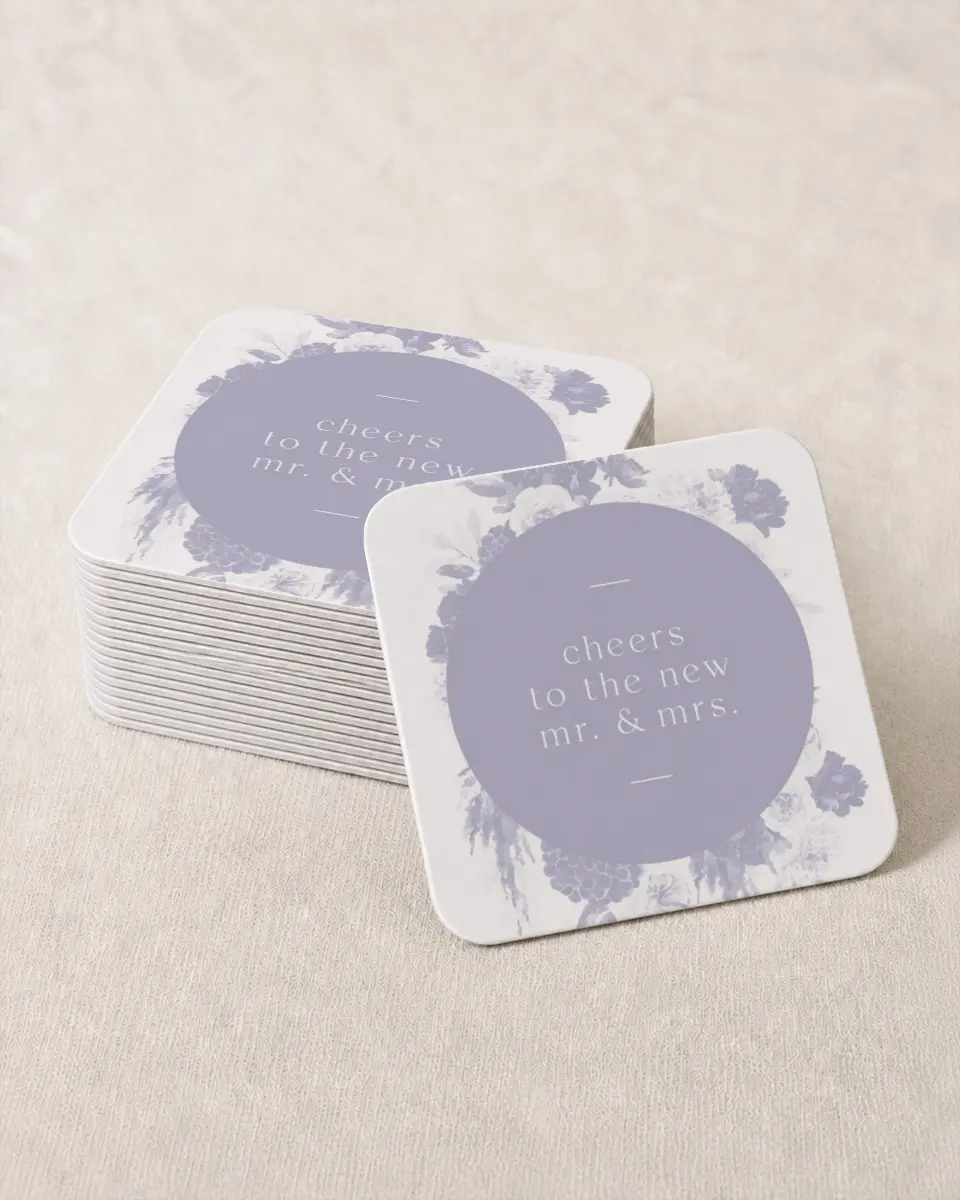 This is a 4" x 4" Wedding Coaster called Sweet Botanical printed in full color on Kraft Chipboard paper