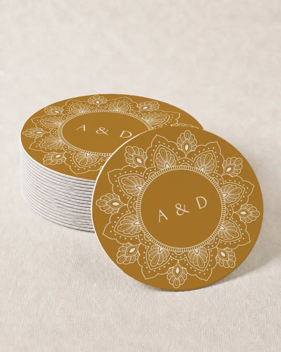 This is a 4" x 4" Wedding Coaster called Indian Mandala printed in full color on Kraft Chipboard paper
