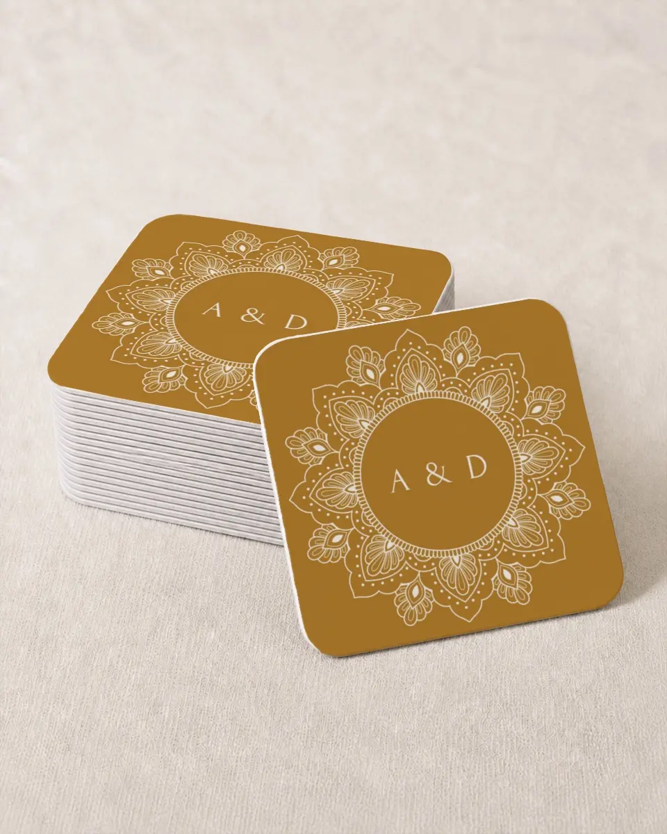 This is a 4" x 4" Wedding Coaster called Indian Mandala printed in full color on Kraft Chipboard paper