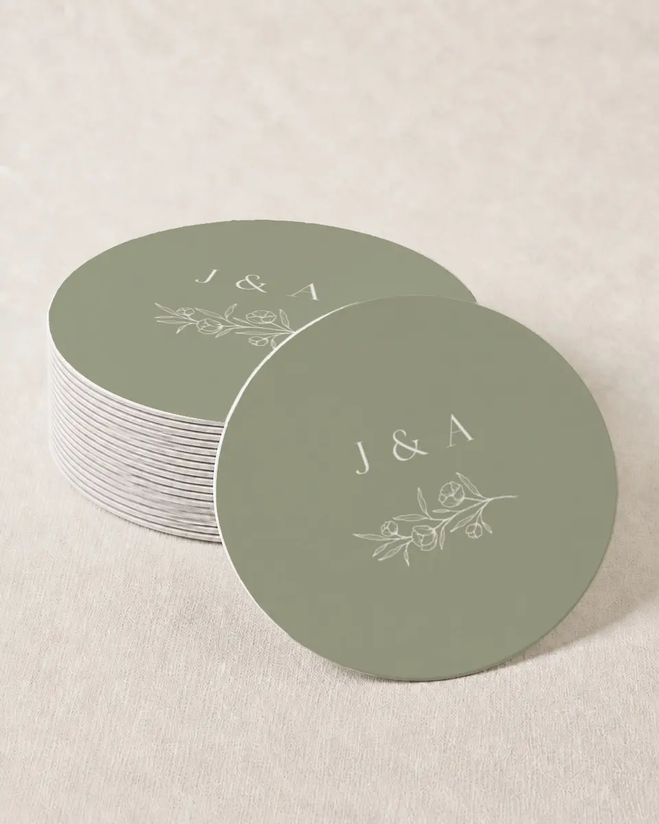 This is a 4" x 4" Wedding Coaster called The Jasmine printed in full color on Kraft Chipboard paper