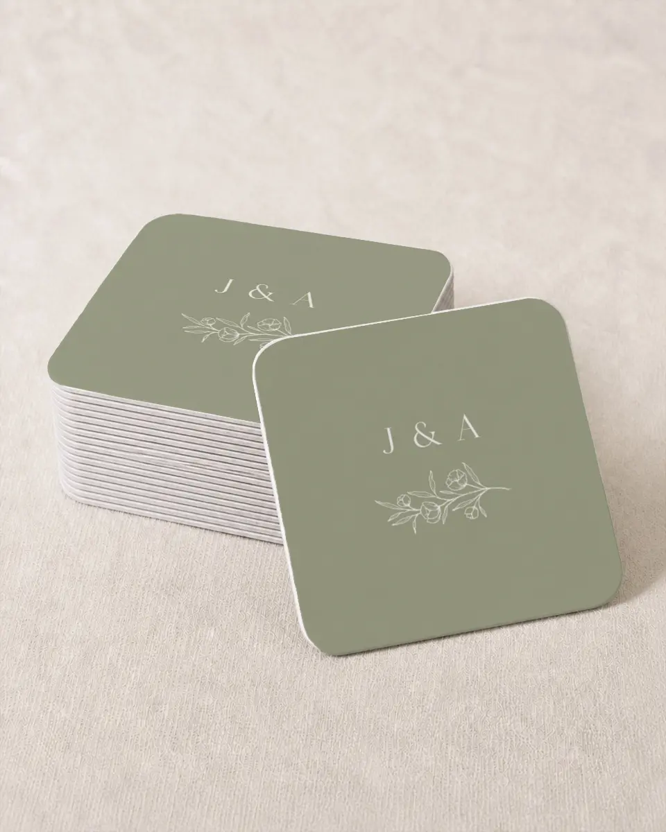 This is a 4" x 4" Wedding Coaster called The Jasmine printed in full color on Kraft Chipboard paper