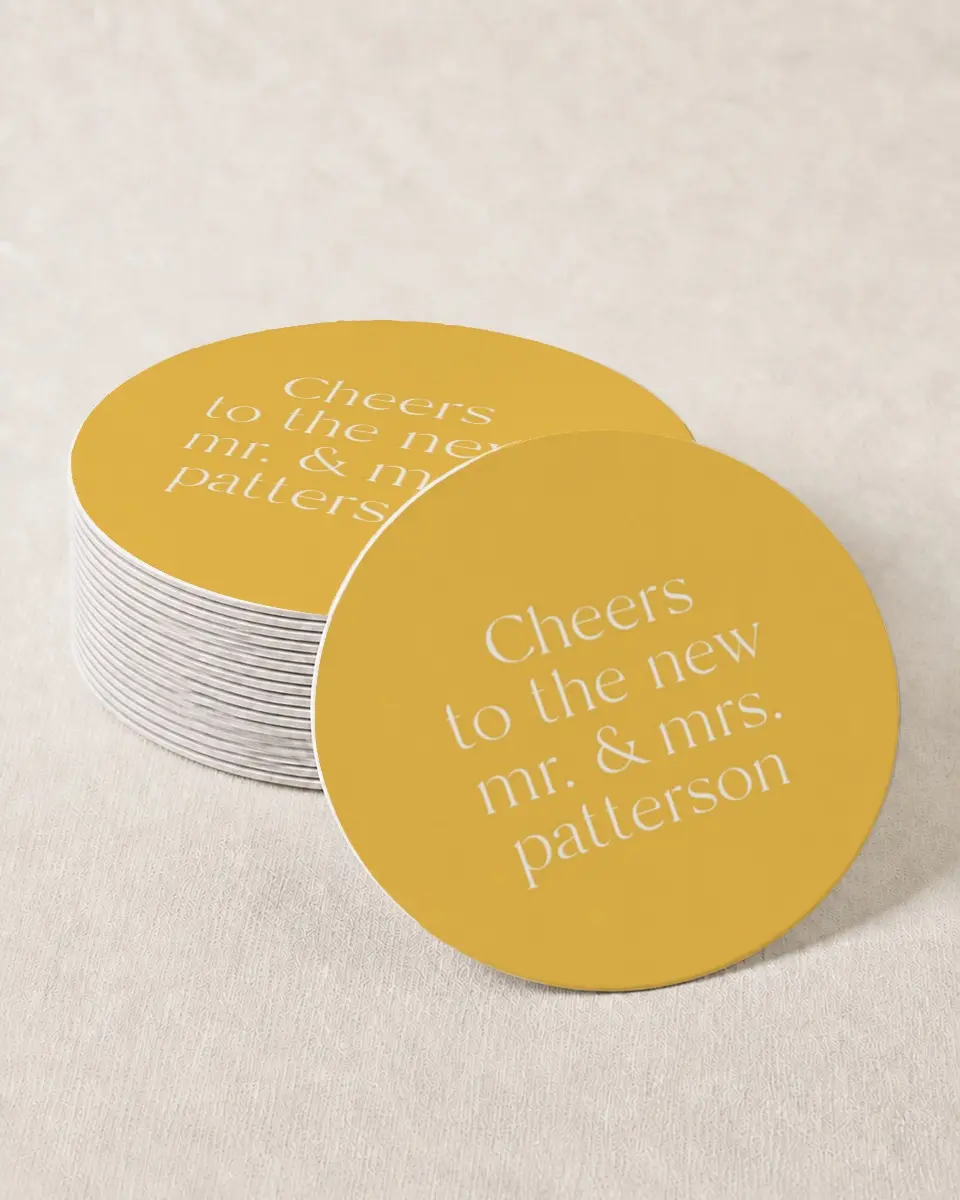 This is a 4" x 4" Wedding Coaster called The Morgan printed in full color on Kraft Chipboard paper