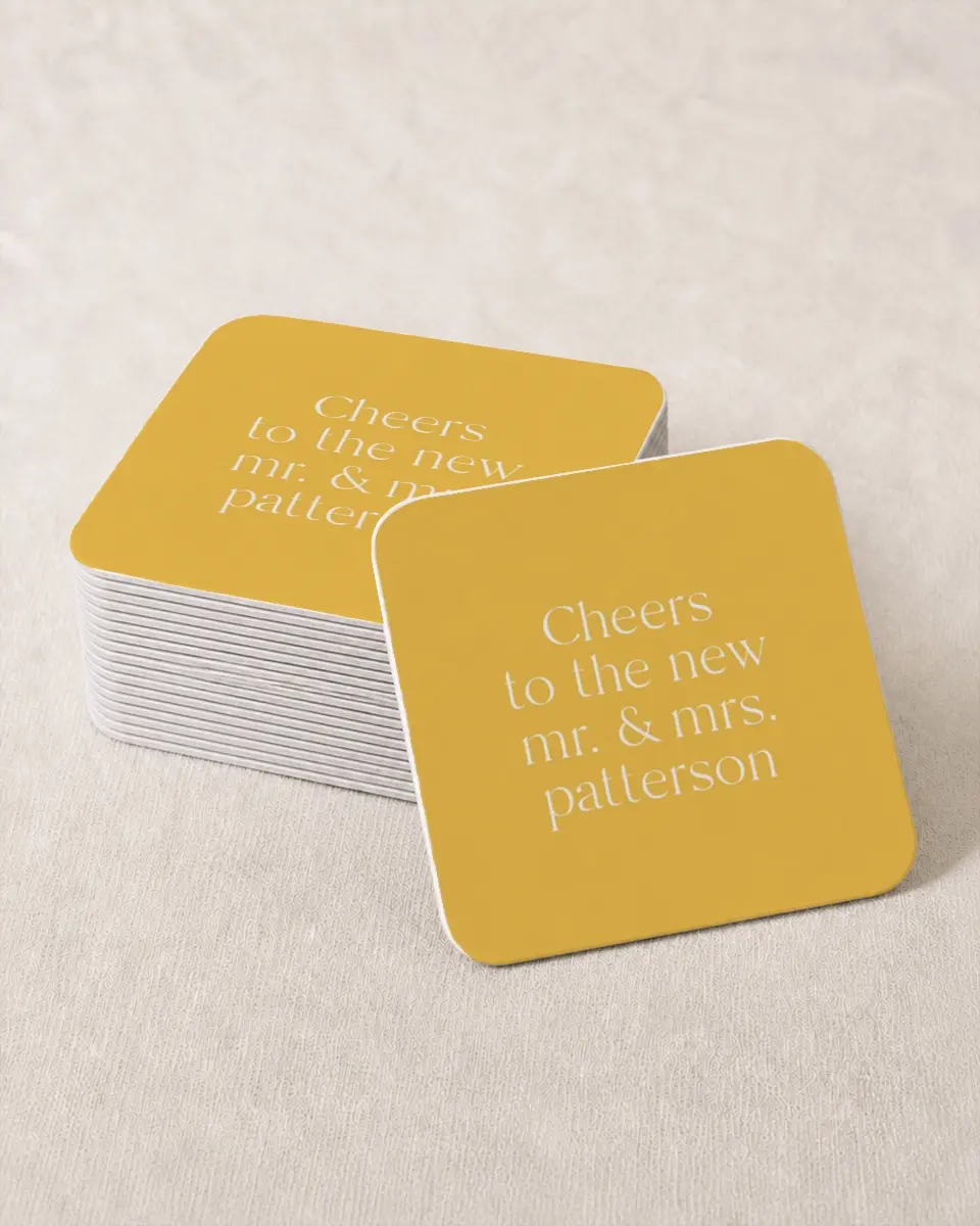 This is a 4" x 4" Wedding Coaster called The Morgan printed in full color on Kraft Chipboard paper