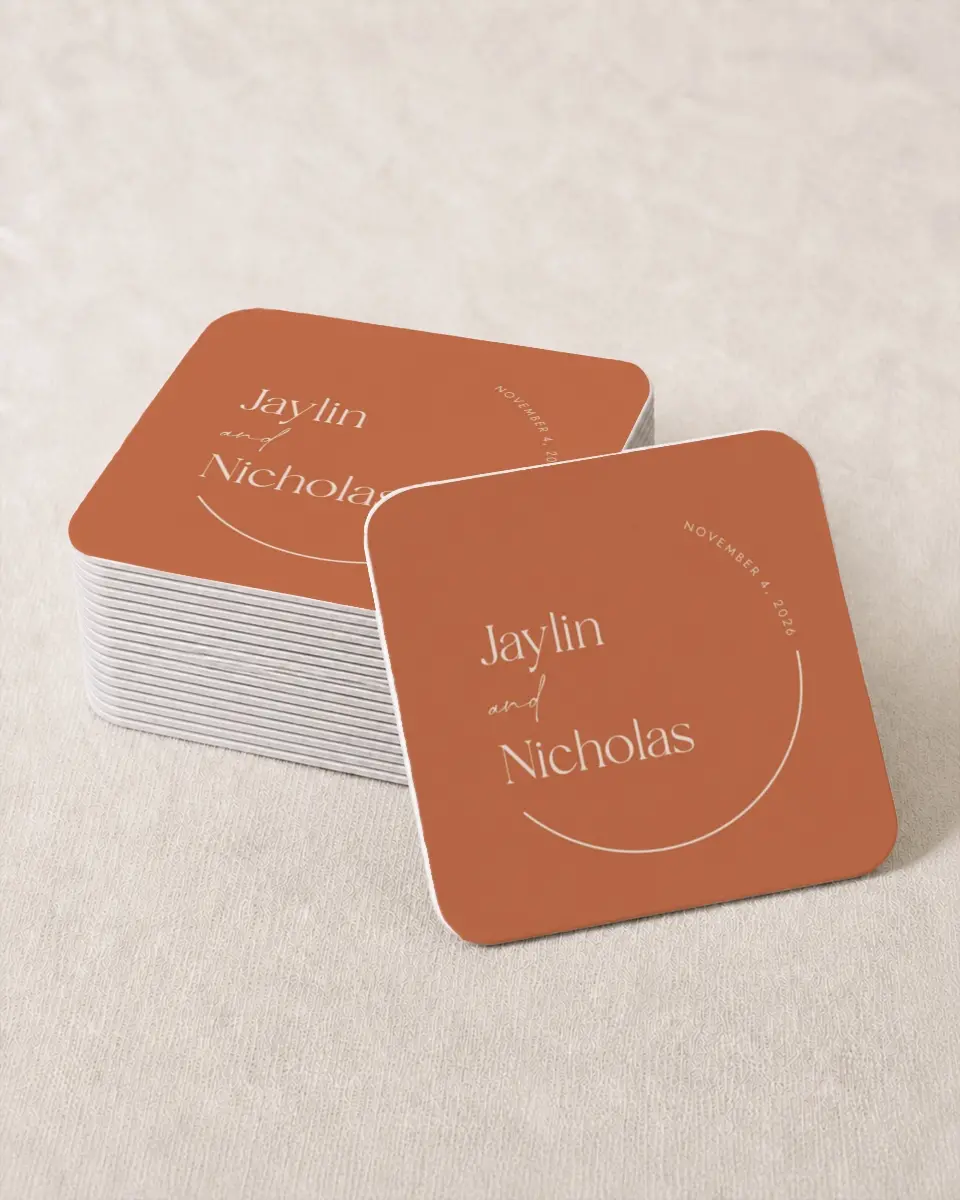 This is a 4" x 4" Wedding Coaster called The Jaylin printed in full color on Kraft Chipboard paper