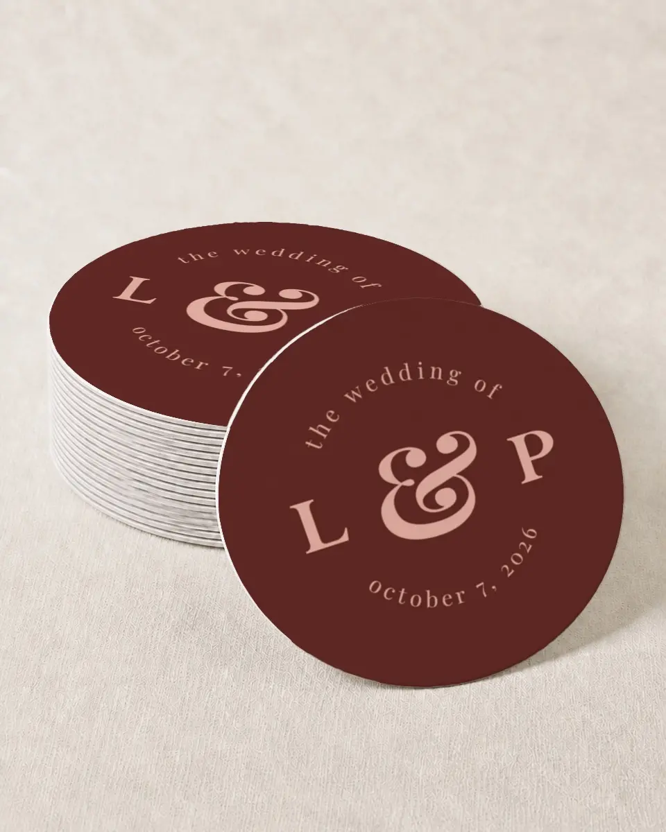 This is a 4" x 4" Wedding Coaster called The Laura printed in full color on Kraft Chipboard paper