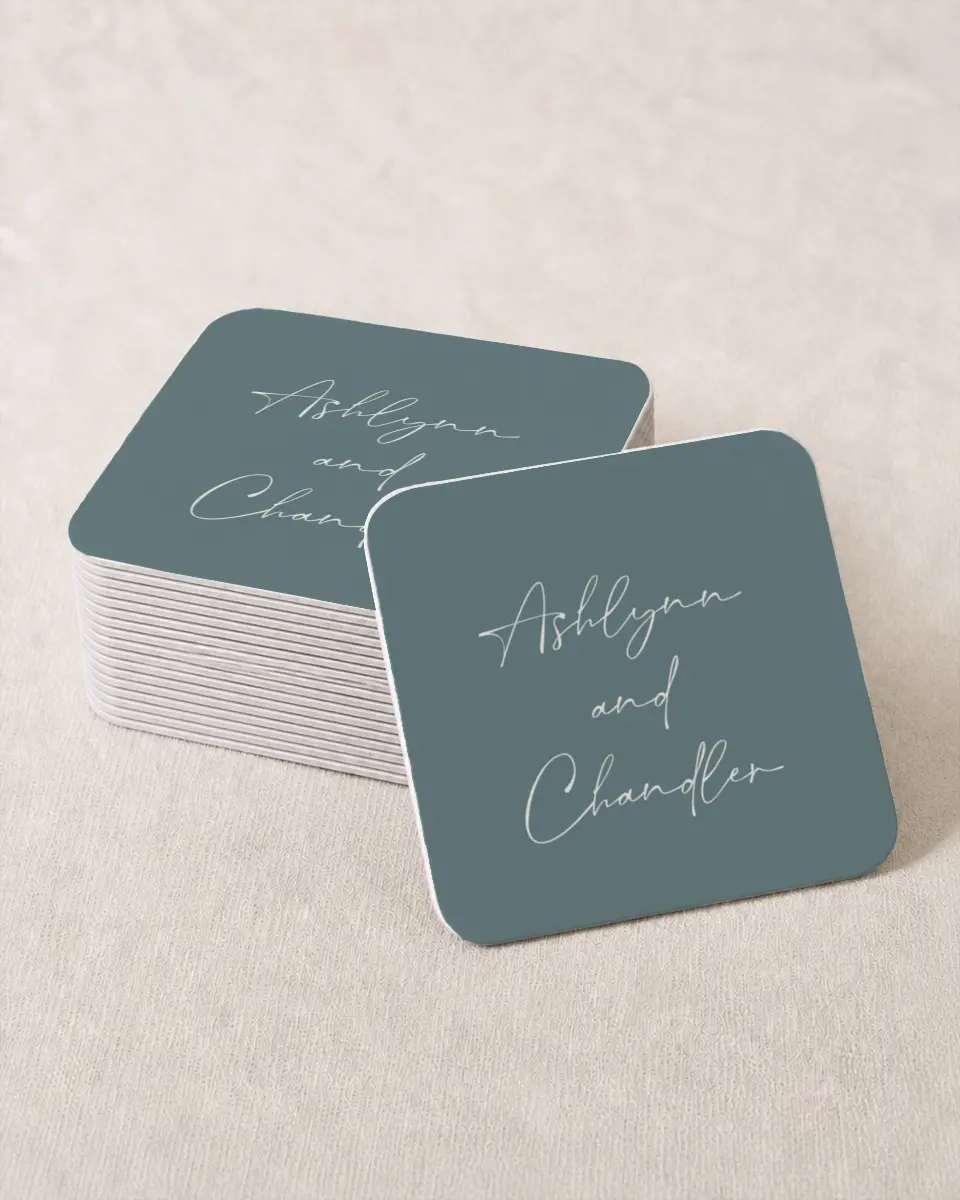 This is a 4" x 4" Wedding Coaster called The Ashlynn printed in full color on Kraft Chipboard paper