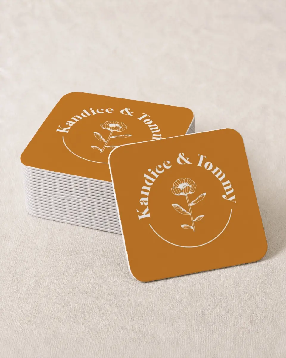 This is a 4" x 4" Wedding Coaster called The Kandice printed in full color on Kraft Chipboard paper
