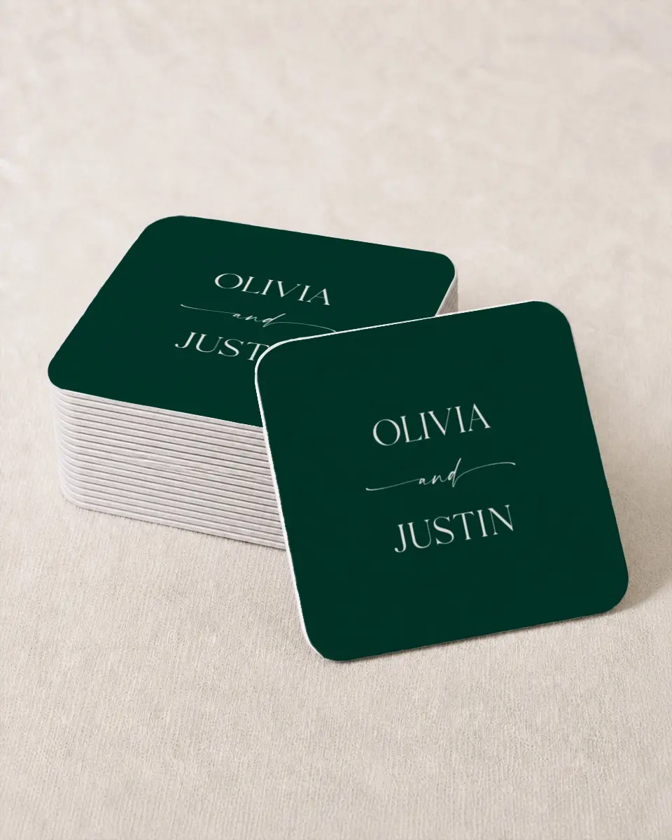 This is a 4" x 4" Wedding Coaster called The Olivia printed in full color on Kraft Chipboard paper