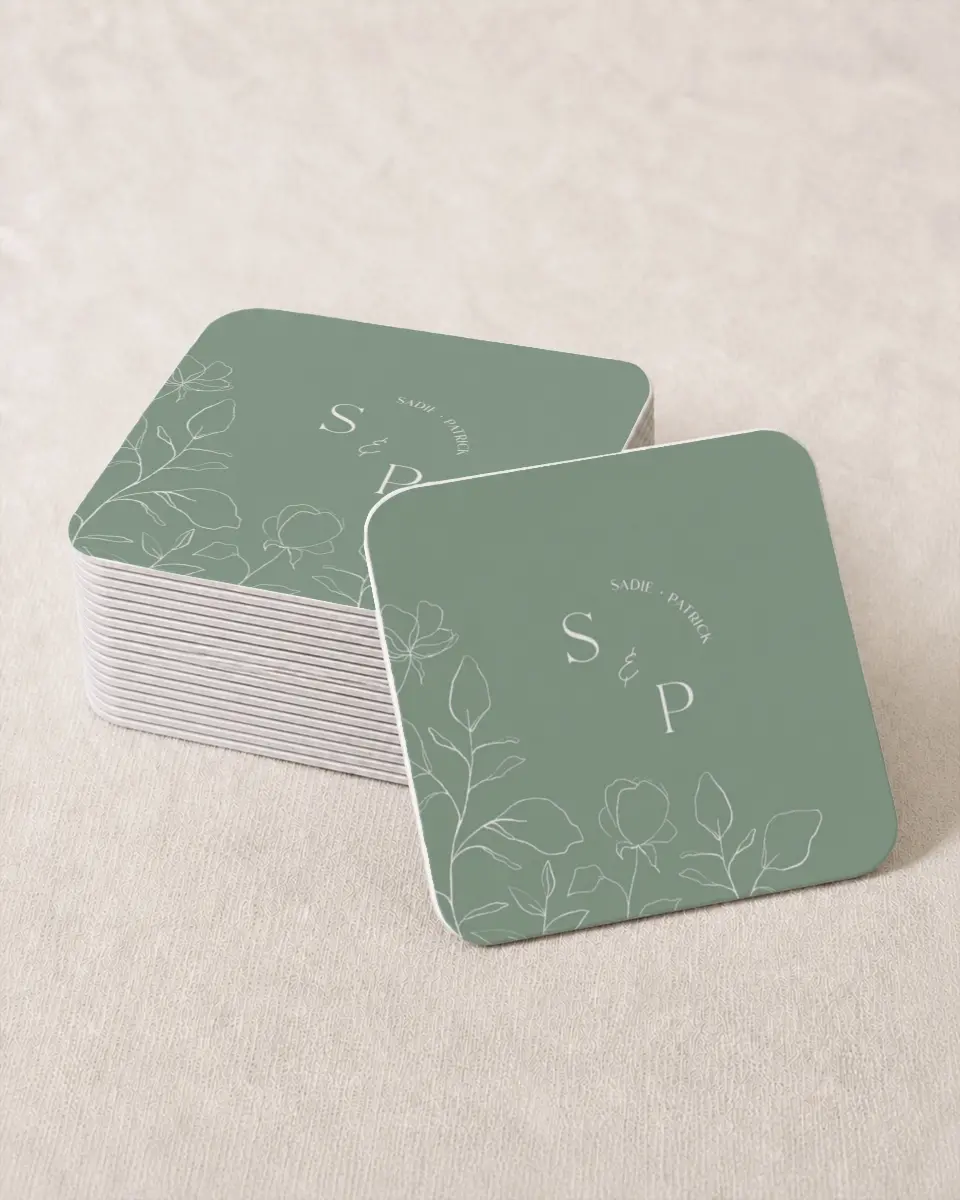 This is a 4" x 4" Wedding Coaster called The Sadie printed in full color on Kraft Chipboard paper
