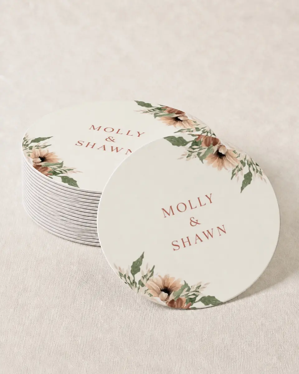 This is a 4" x 4" Wedding Coaster called Autumn Blooms printed in full color on Kraft Chipboard paper
