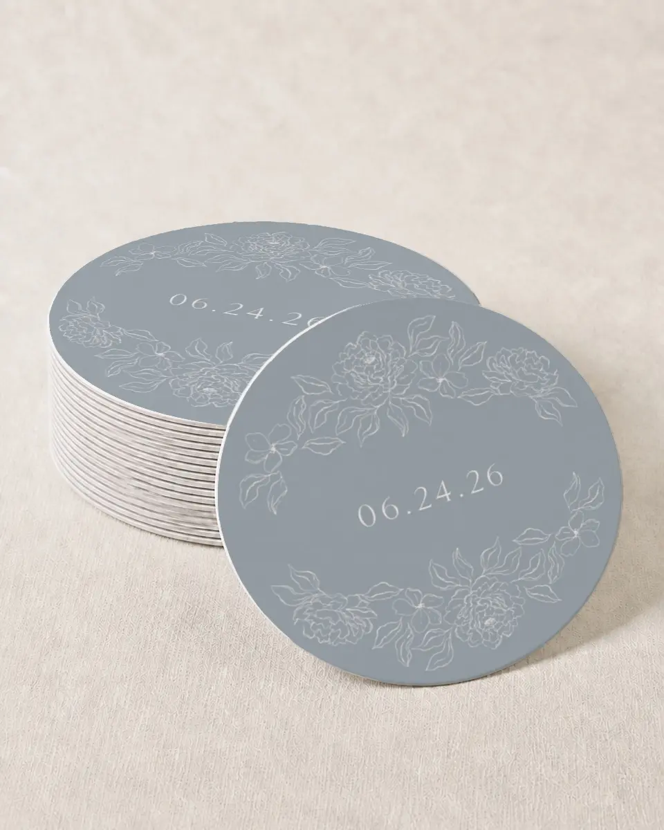 This is a 4" x 4" Wedding Coaster called Graceful Petals printed in full color on Kraft Chipboard paper