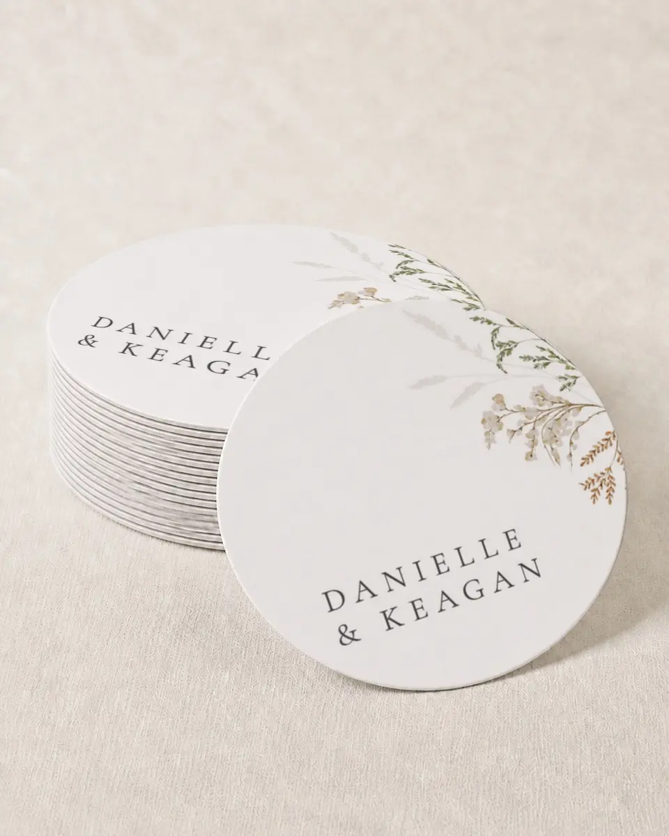 This is a 4" x 4" Wedding Coaster called Wild Devotion printed in full color on Kraft Chipboard paper