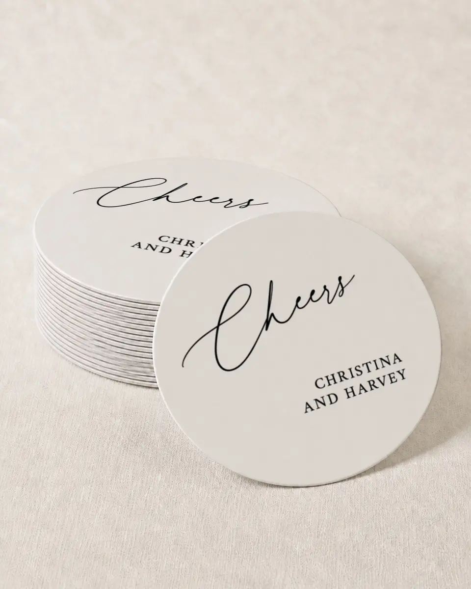 This is a 4" x 4" Wedding Coaster called The Christina printed in full color with Gold foil on Kraft Chipboard paper