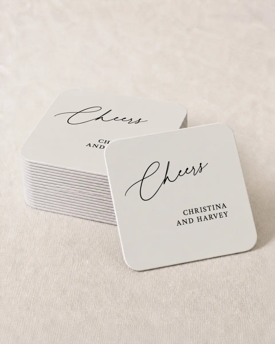 This is a 4" x 4" Wedding Coaster called The Christina printed in full color with Gold foil on Kraft Chipboard paper