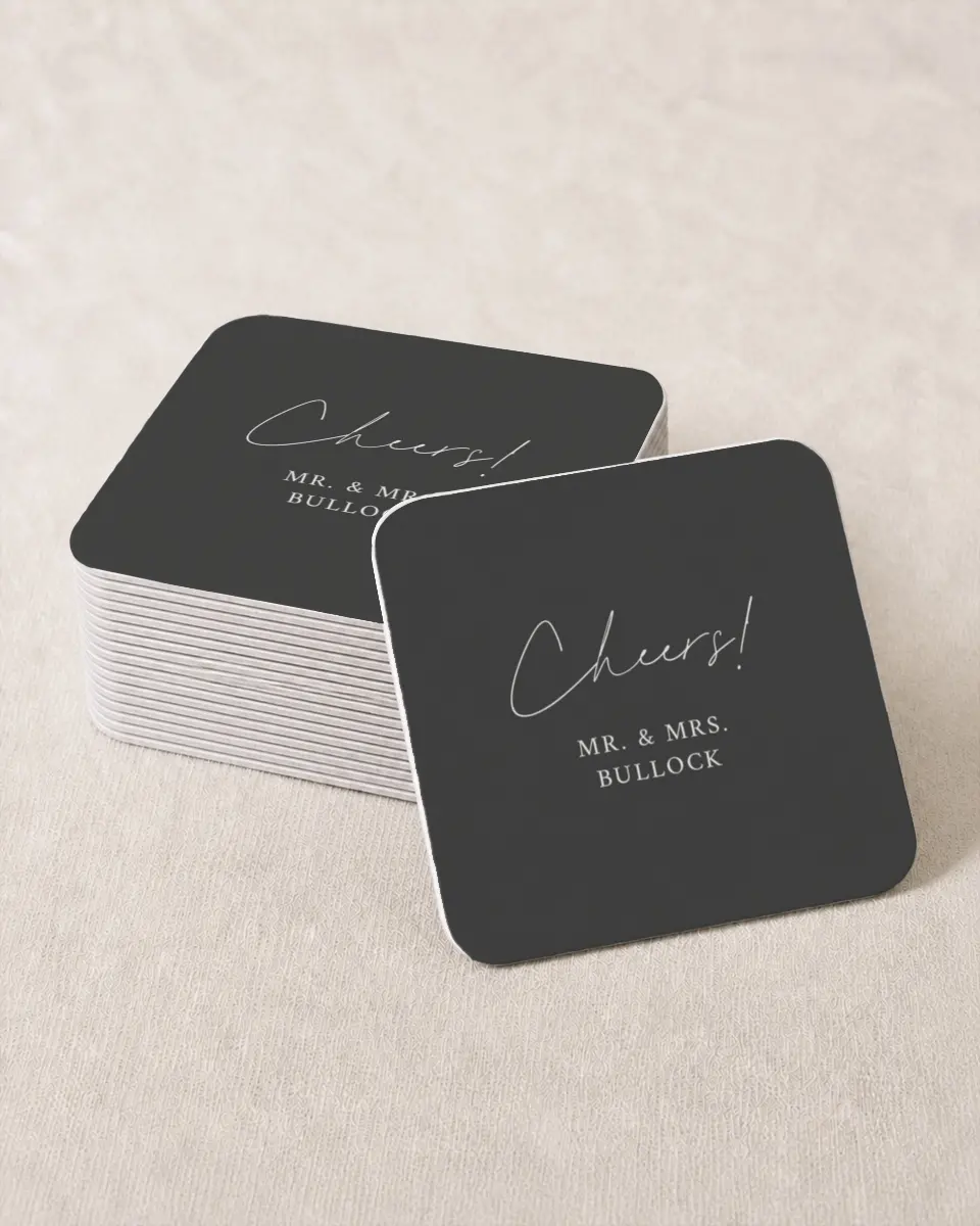 This is a 4" x 4" Wedding Coaster called The Madelyn printed in full color on Kraft Chipboard paper