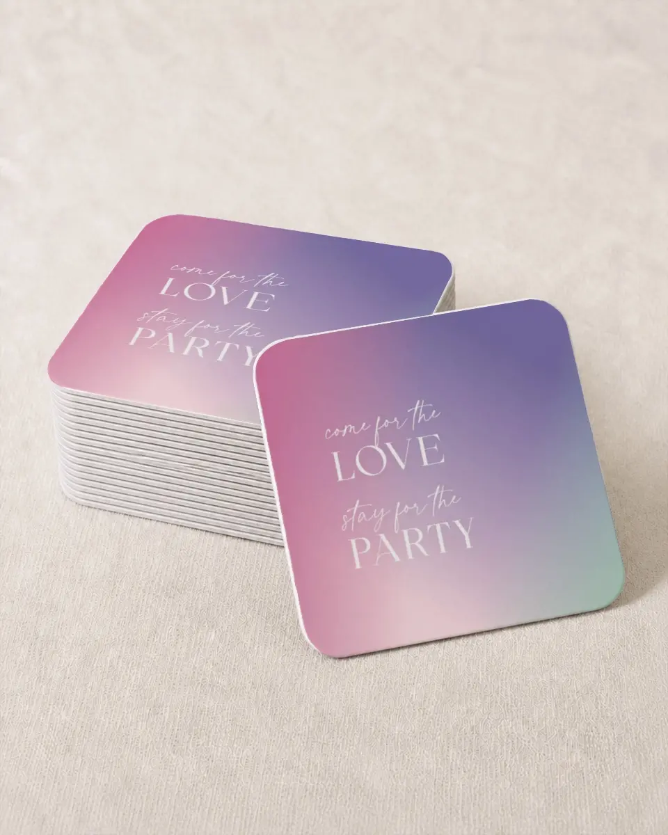 This is a 4" x 4" Wedding Coaster called The Taylor printed in full color with Gold foil on Kraft Chipboard paper