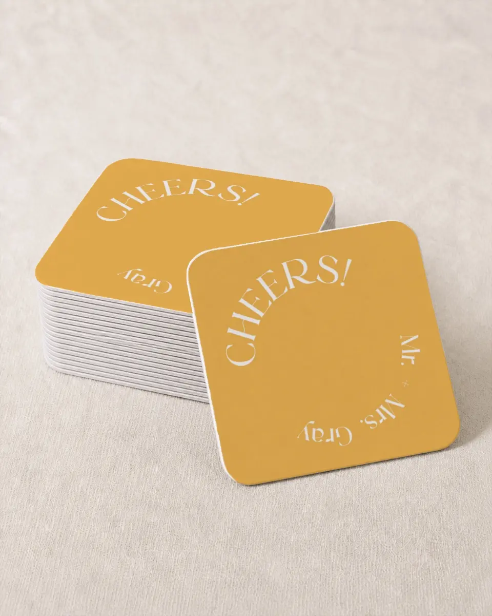 This is a 4" x 4" Wedding Coaster called The Leah printed in full color on Kraft Chipboard paper