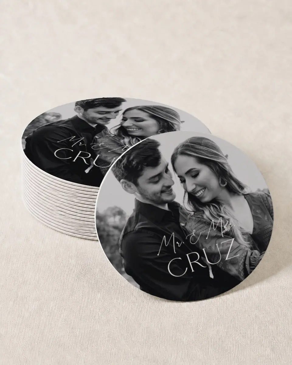 This is a 4" x 4" Wedding Coaster called The Caroline printed in full color with Gold foil on Kraft Chipboard paper