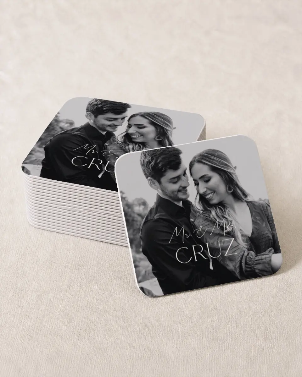 This is a 4" x 4" Wedding Coaster called The Caroline printed in full color on Kraft Chipboard paper