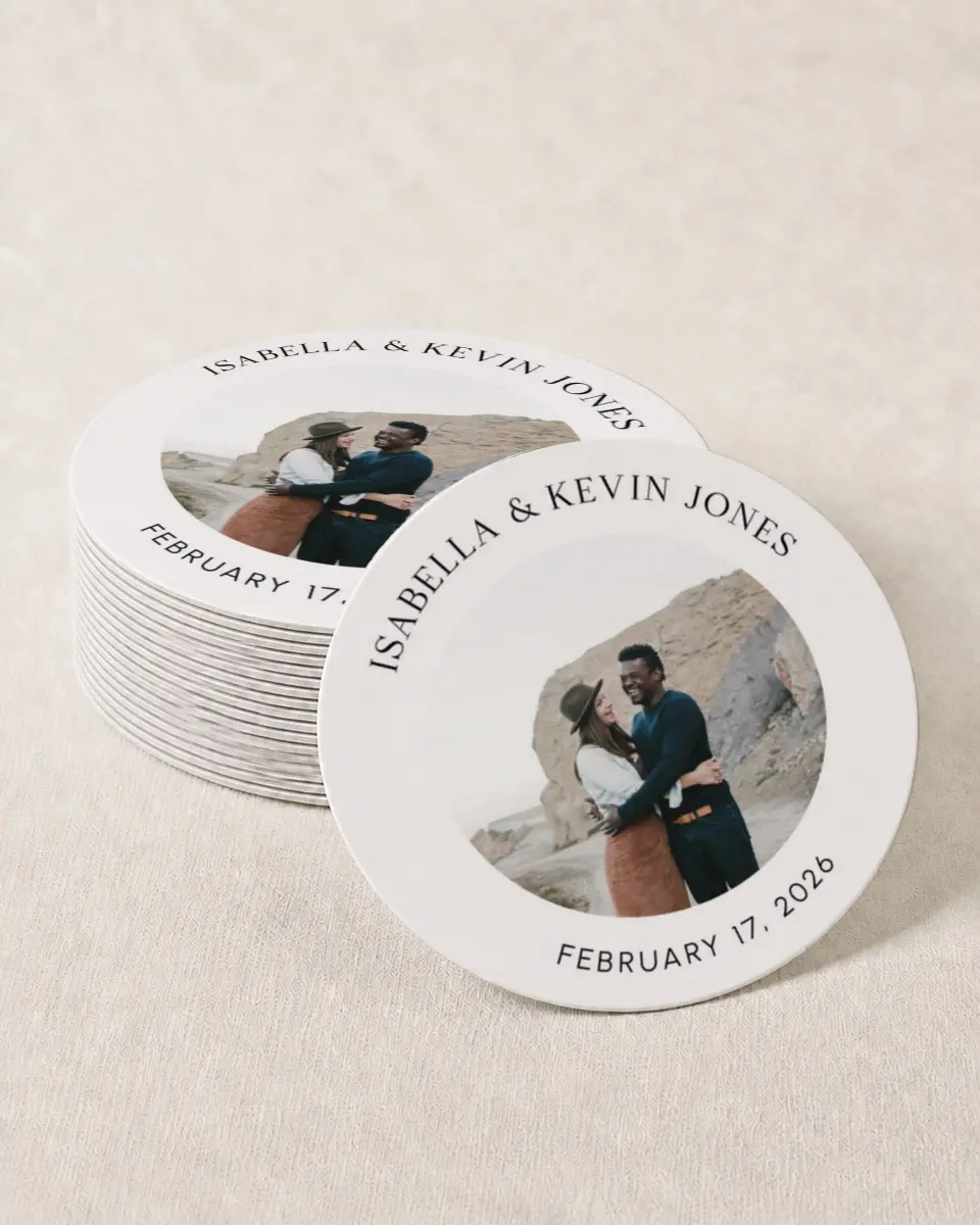 This is a 4" x 4" Wedding Coaster called The Isabella printed in full color with Gold foil on Kraft Chipboard paper