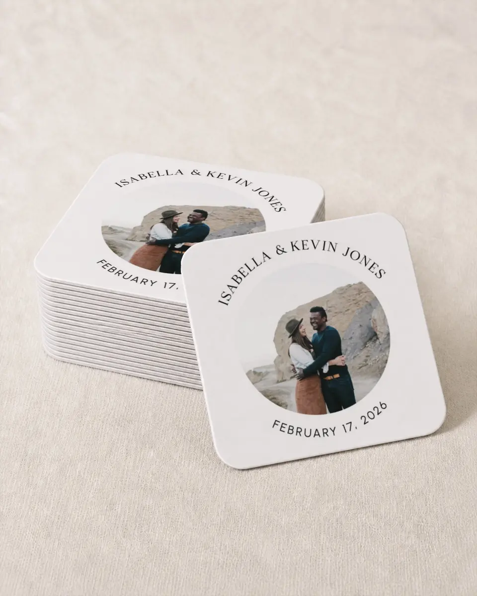 This is a 4" x 4" Wedding Coaster called The Isabella printed in full color on Kraft Chipboard paper