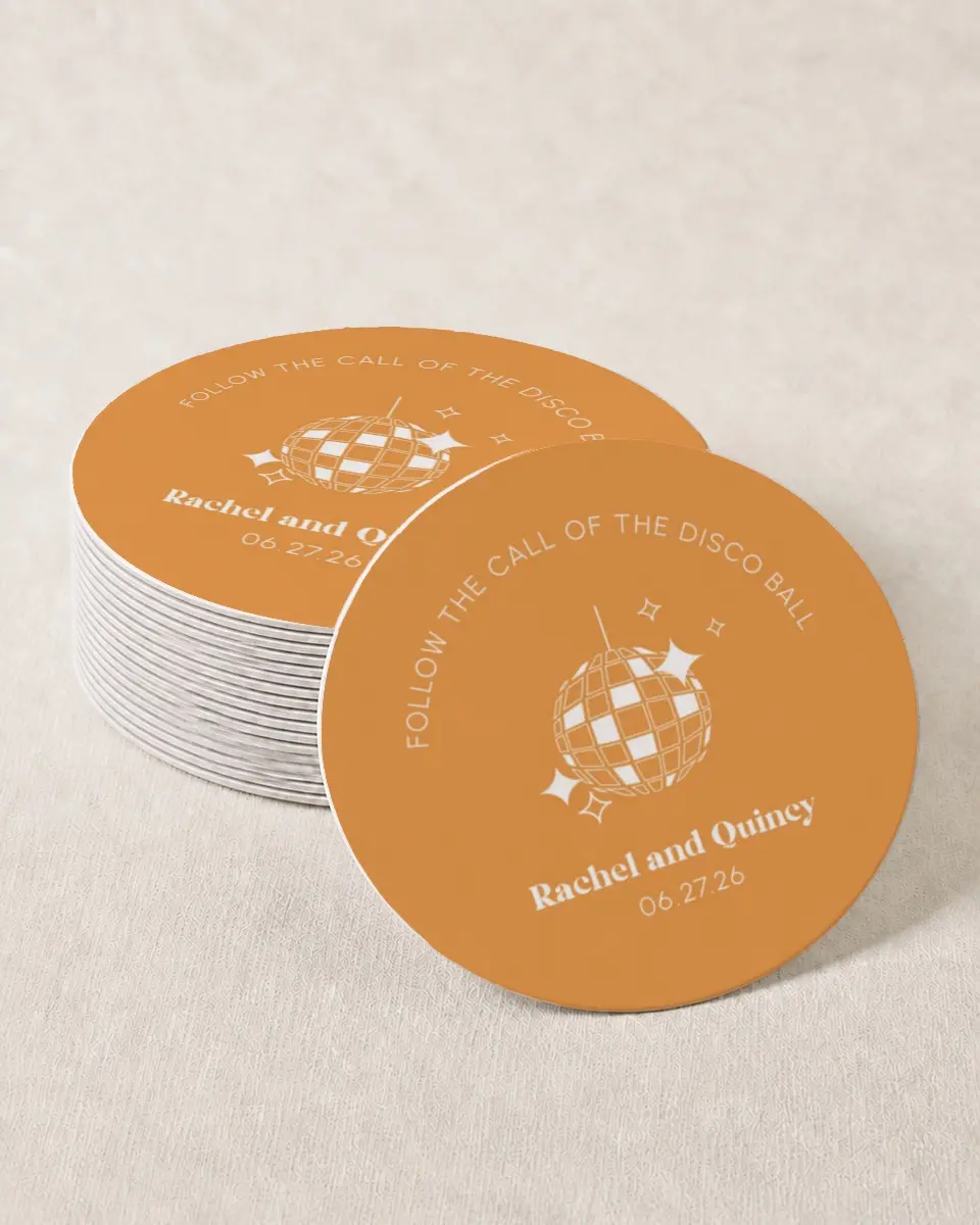 This is a 4" x 4" Wedding Coaster called Disco Ball printed in full color with Gold foil on Kraft Chipboard paper