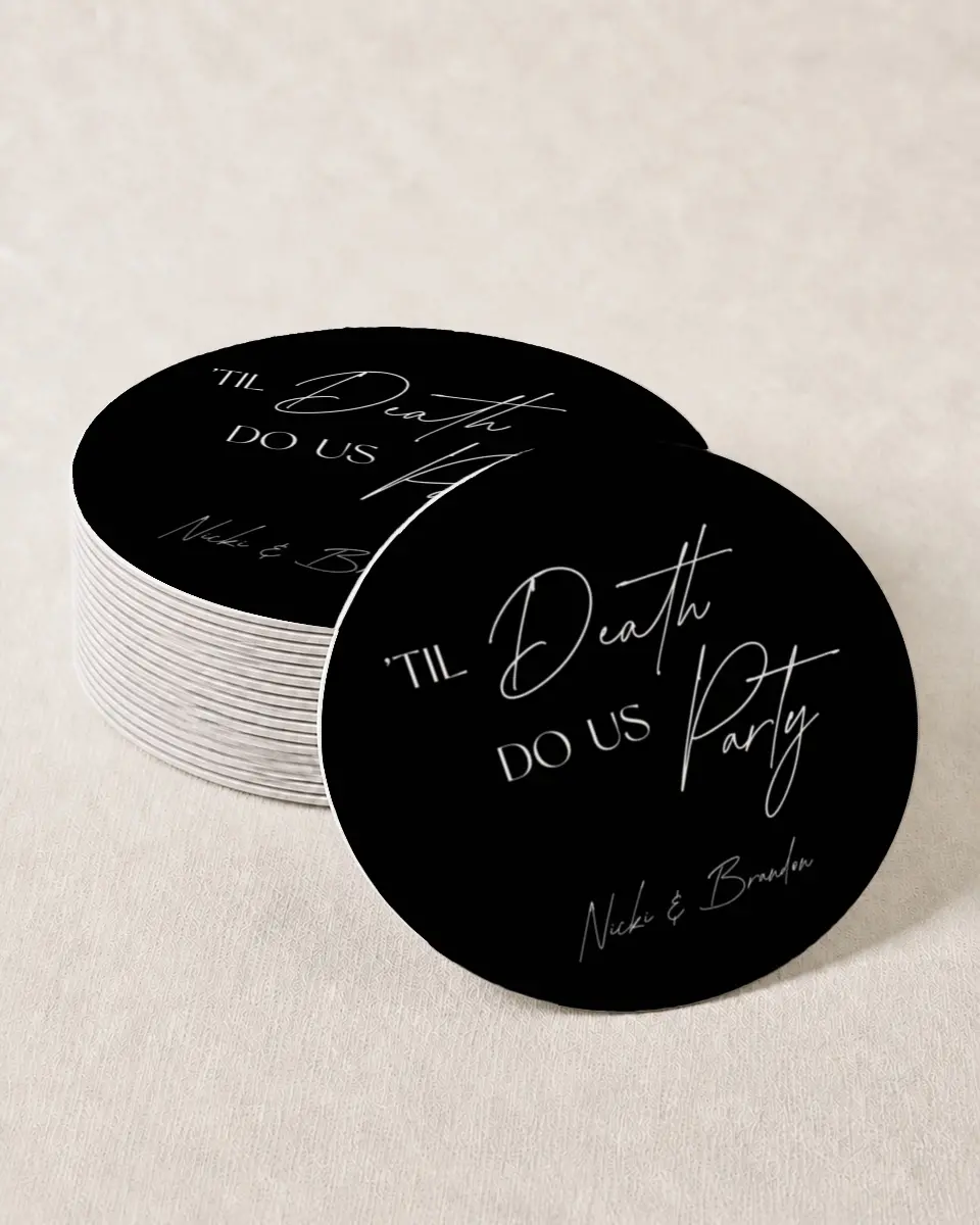 This is a 4" x 4" Wedding Coaster called Til Death printed in full color with Gold foil on Kraft Chipboard paper