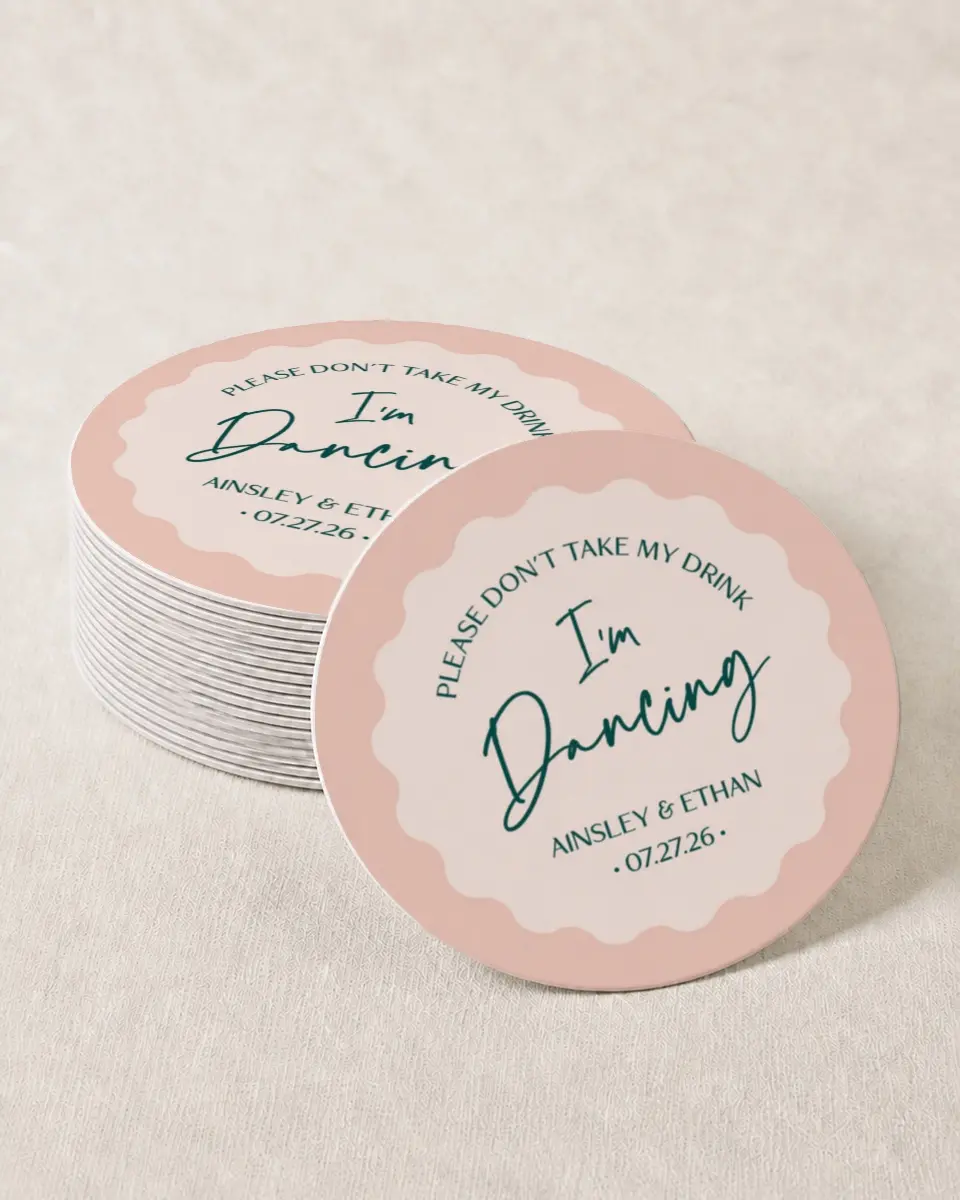 This is a 4" x 4" Wedding Coaster called On the Dance Floor printed in full color with Gold foil on Kraft Chipboard paper