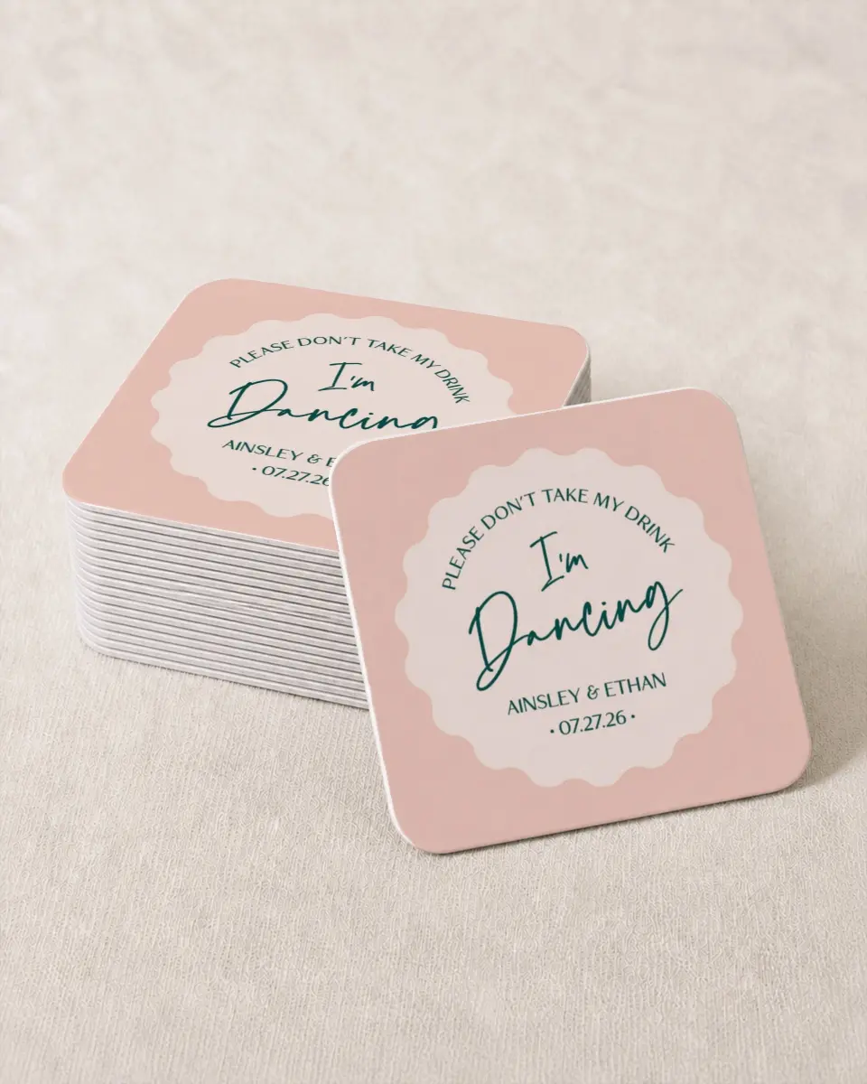 This is a 4" x 4" Wedding Coaster called On the Dance Floor printed in full color with Gold foil on Kraft Chipboard paper