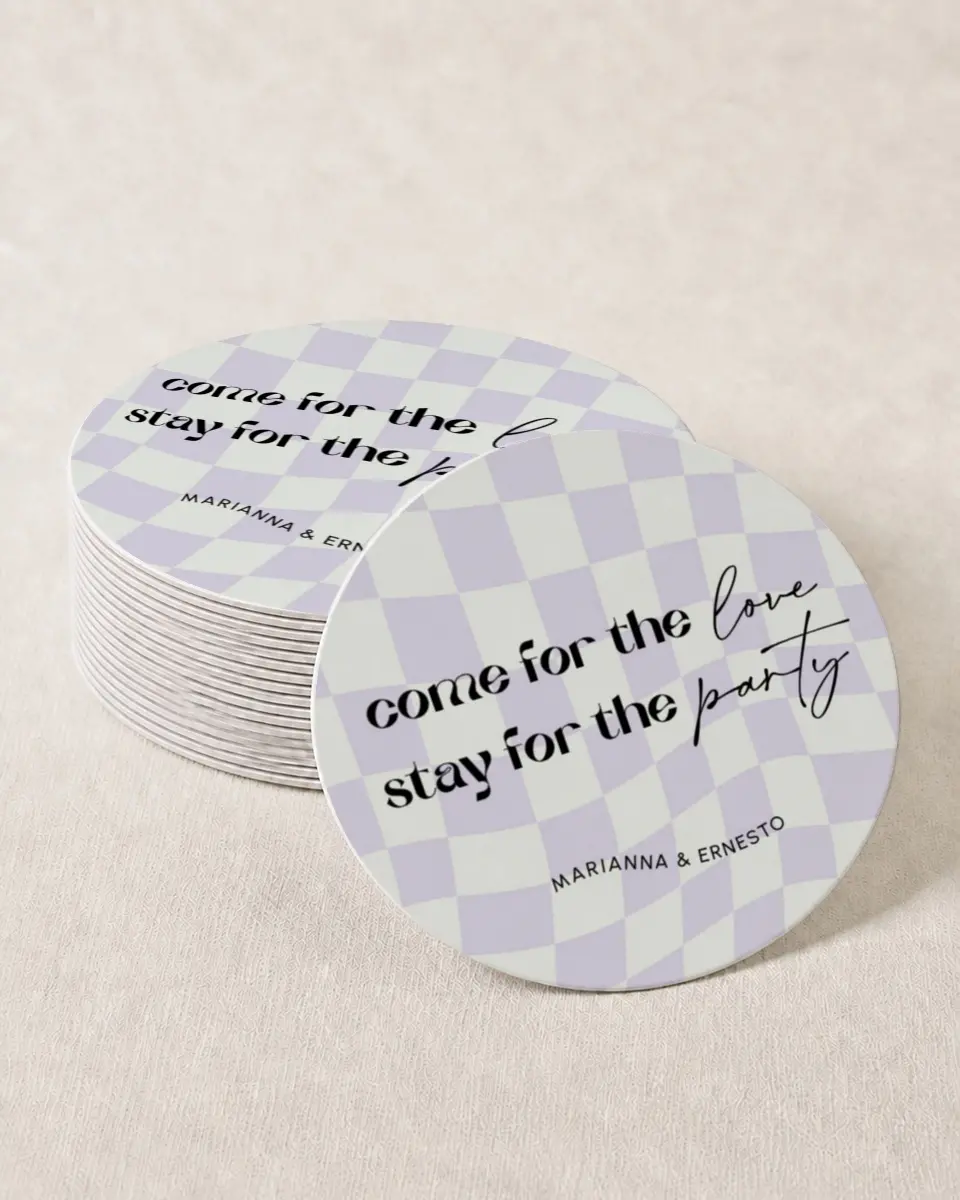 This is a 4" x 4" Wedding Coaster called Stay for the Party printed in full color on Kraft Chipboard paper