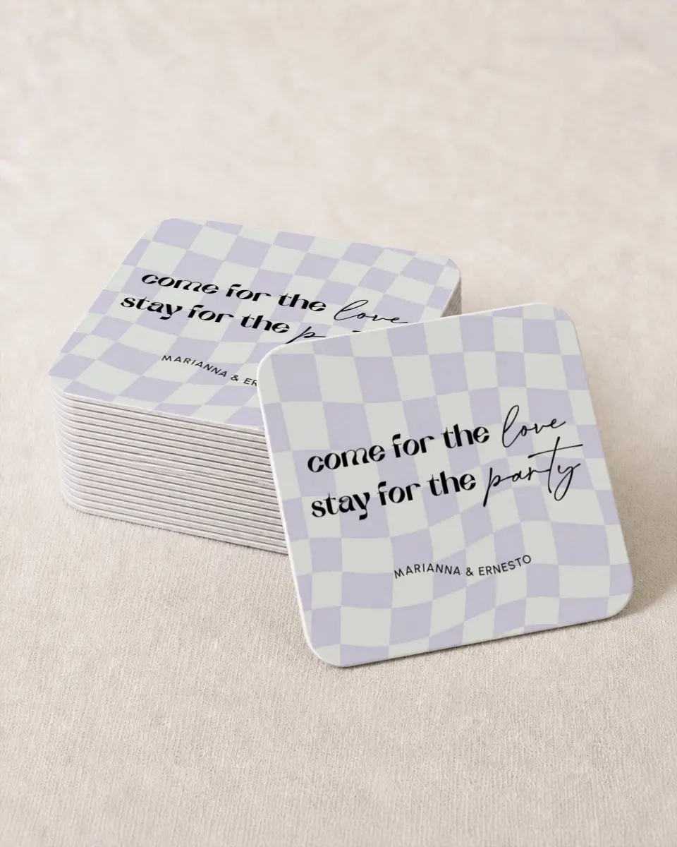 This is a 4" x 4" Wedding Coaster called Stay for the Party printed in full color with Rose Gold foil on Kraft Chipboard paper