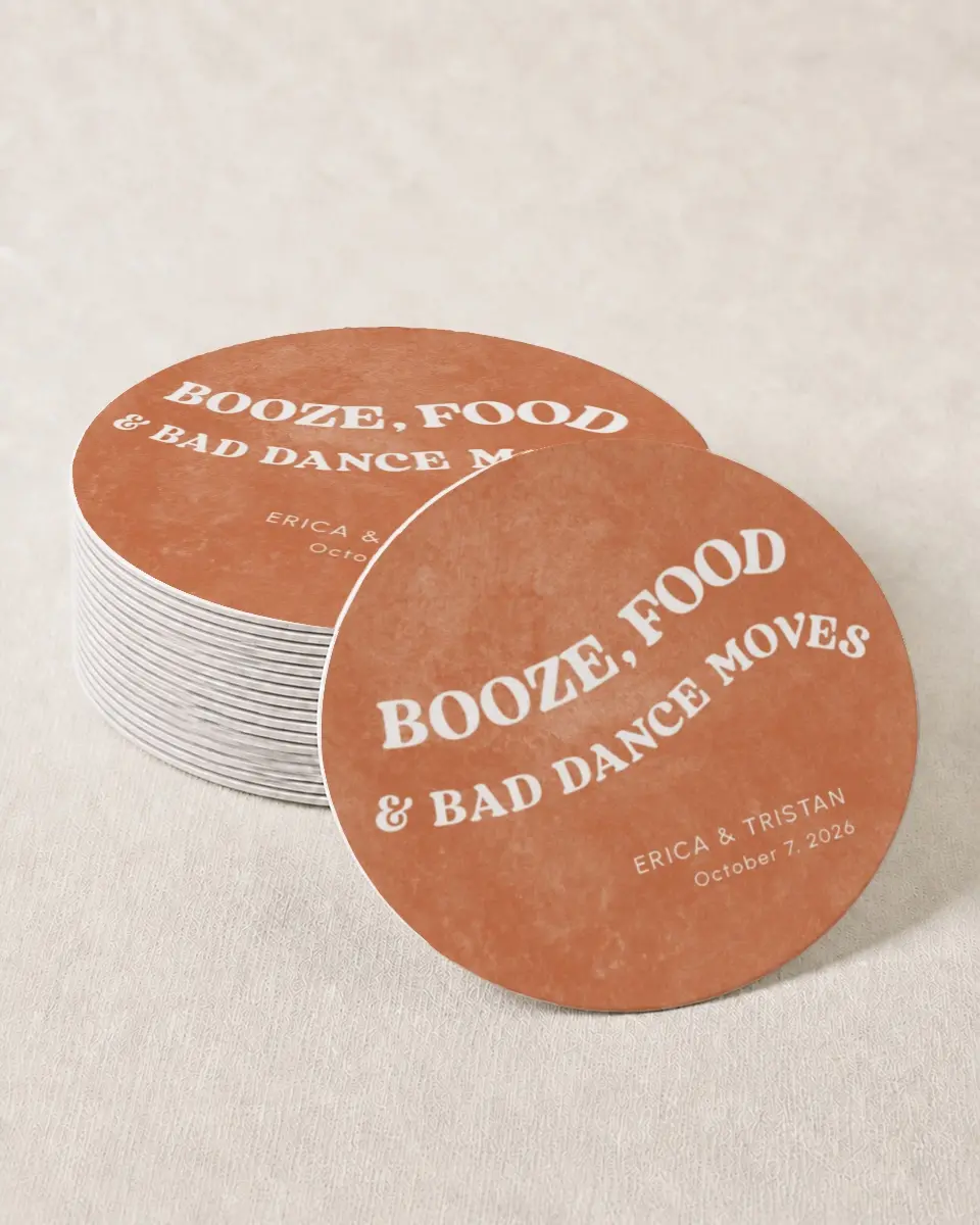 This is a 4" x 4" Wedding Coaster called Bad Dance Moves printed in full color on Kraft Chipboard paper