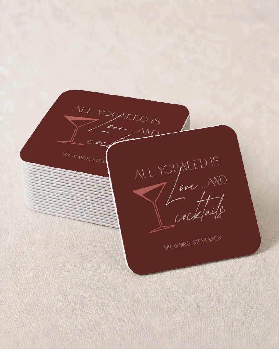 This is a 4" x 4" Wedding Coaster called Love & Cocktails printed in full color on Kraft Chipboard paper