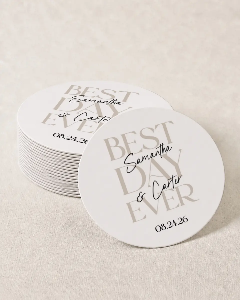 This is a 4" x 4" Wedding Coaster called Best Day Ever printed in full color with Gold foil on Kraft Chipboard paper