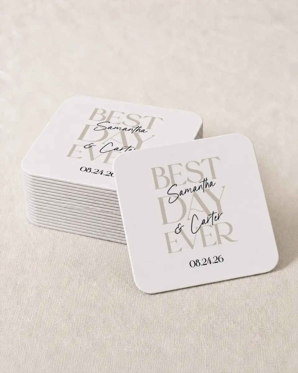 This is a 4" x 4" Wedding Coaster called Best Day Ever printed in full color on Kraft Chipboard paper