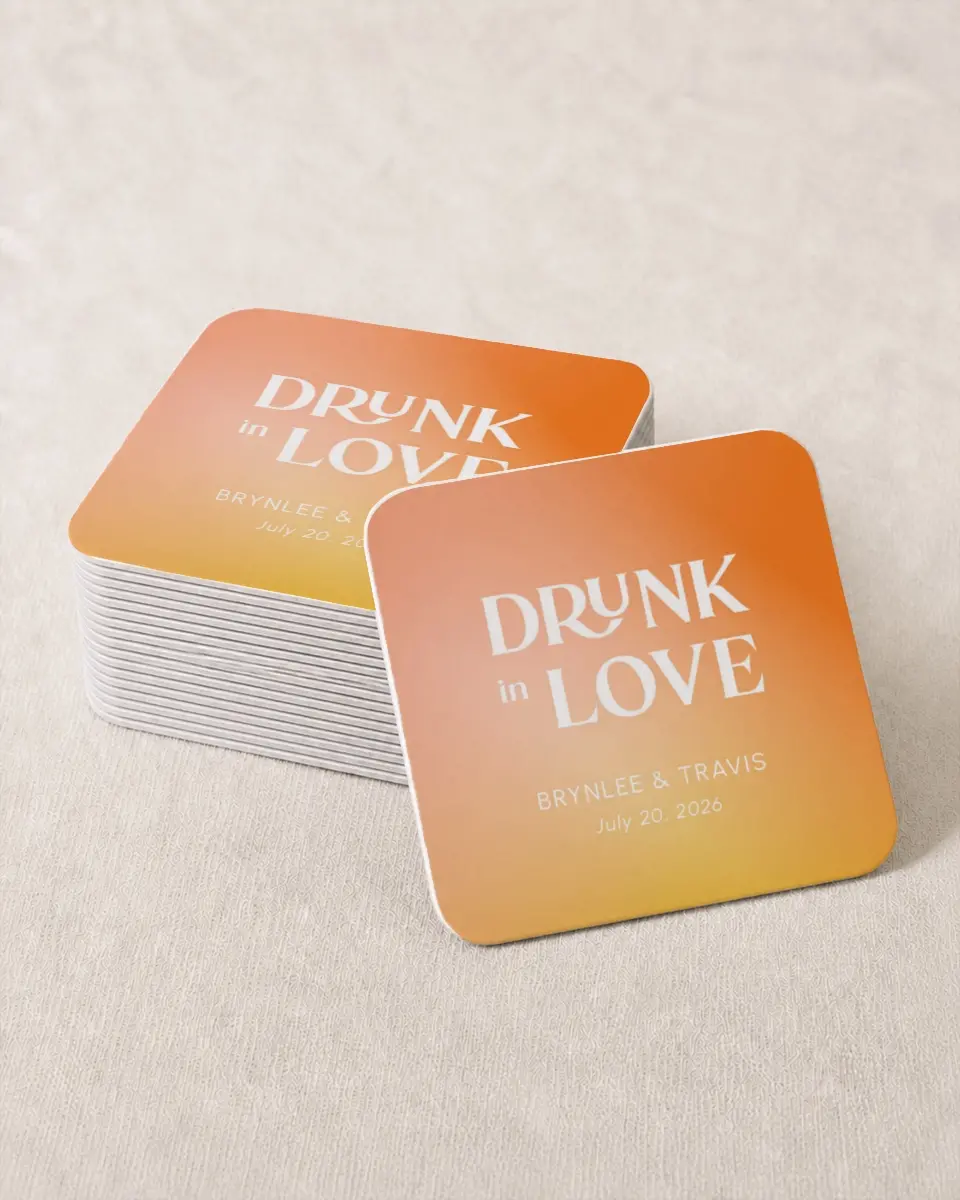 This is a 4" x 4" Wedding Coaster called Drunk In Love printed in full color on Kraft Chipboard paper