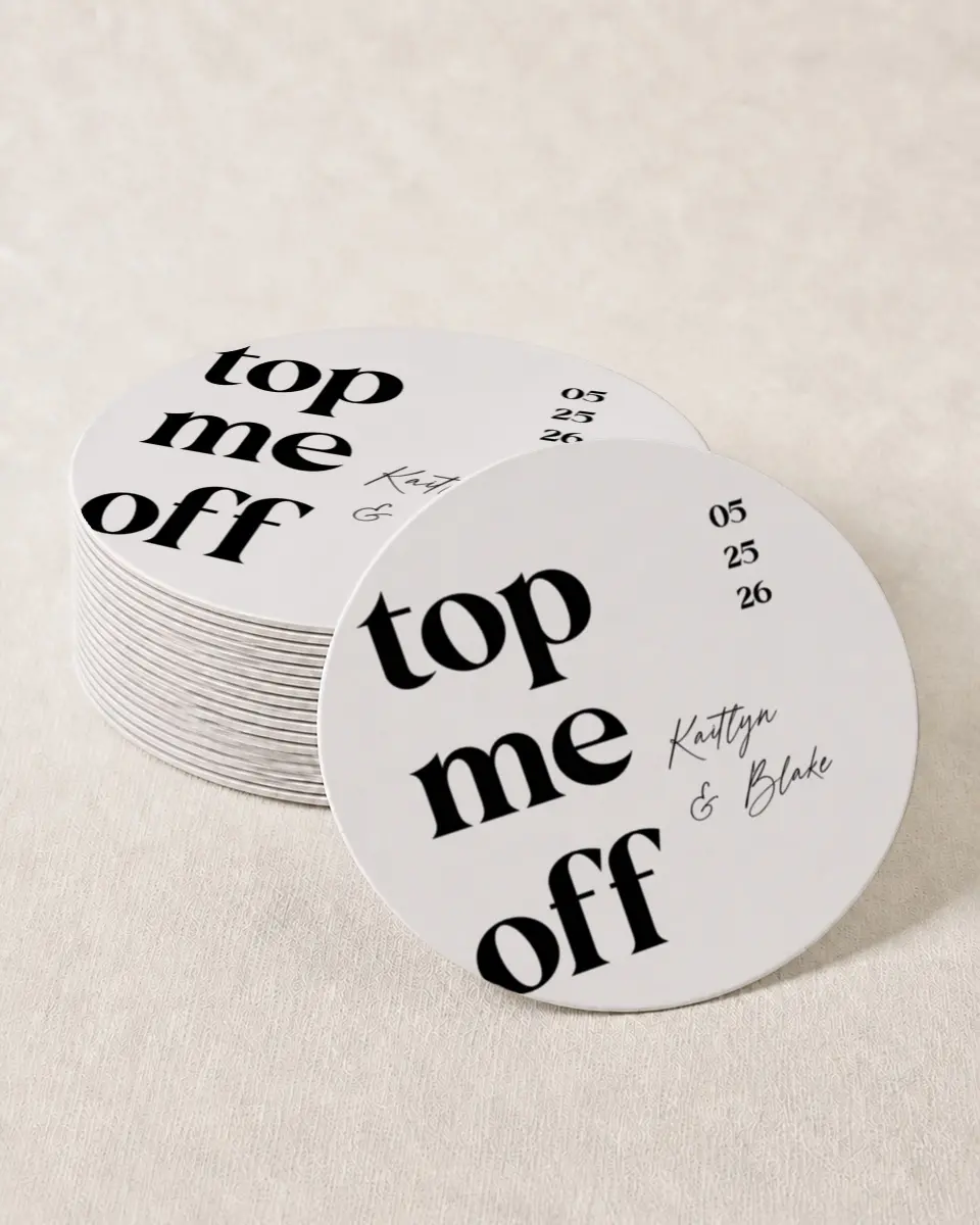 This is a 4" x 4" Wedding Coaster called Top Me Off printed in full color on Kraft Chipboard paper