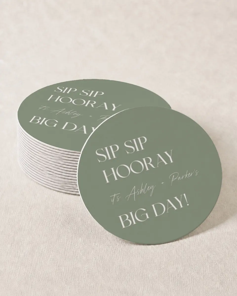 This is a 4" x 4" Wedding Coaster called Big Day printed in full color on Kraft Chipboard paper