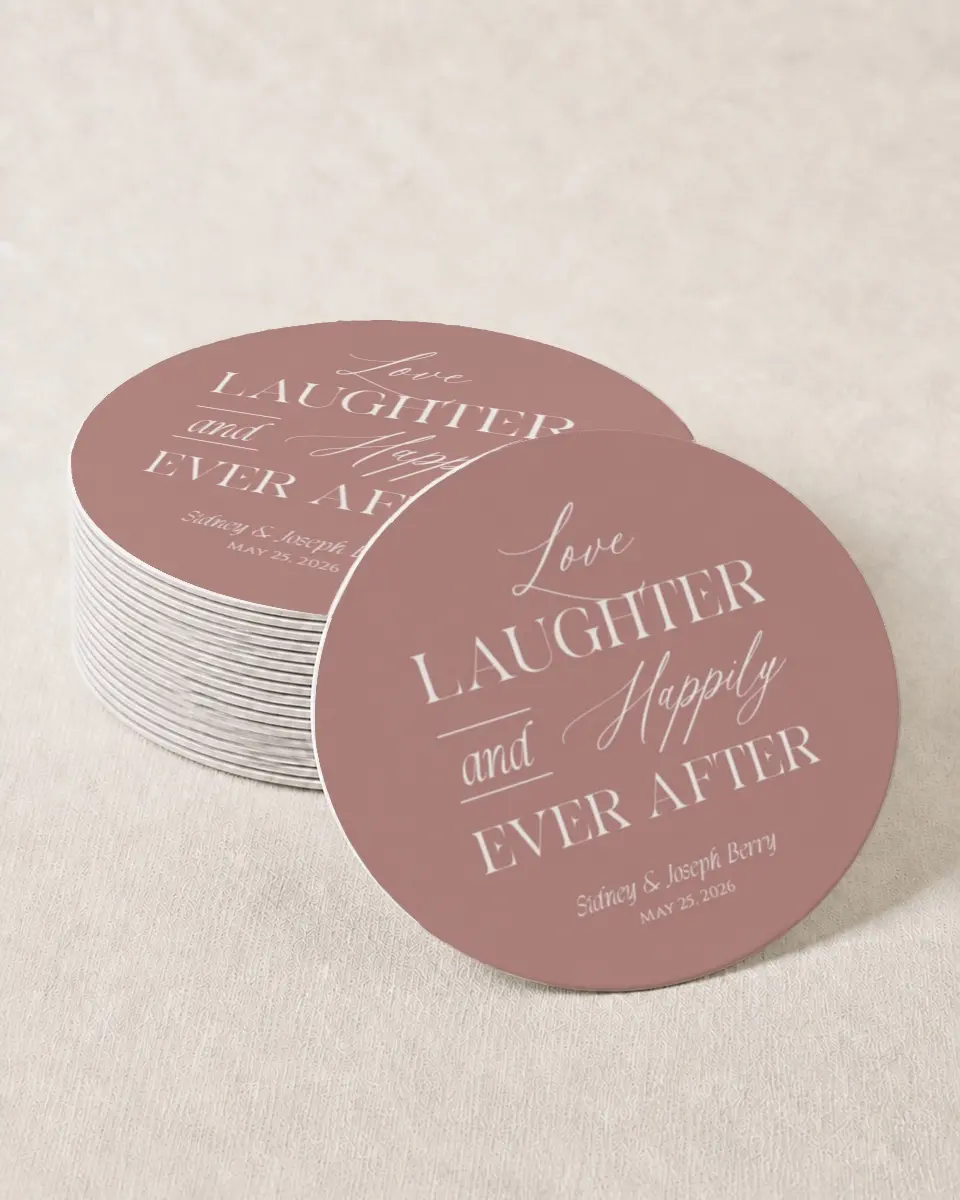 This is a 4" x 4" Wedding Coaster called Ever After printed in full color with Gold foil on Kraft Chipboard paper