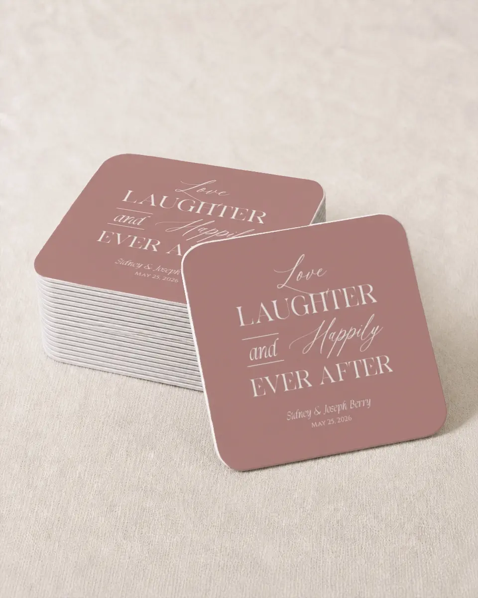 This is a 4" x 4" Wedding Coaster called Ever After printed in full color on Kraft Chipboard paper