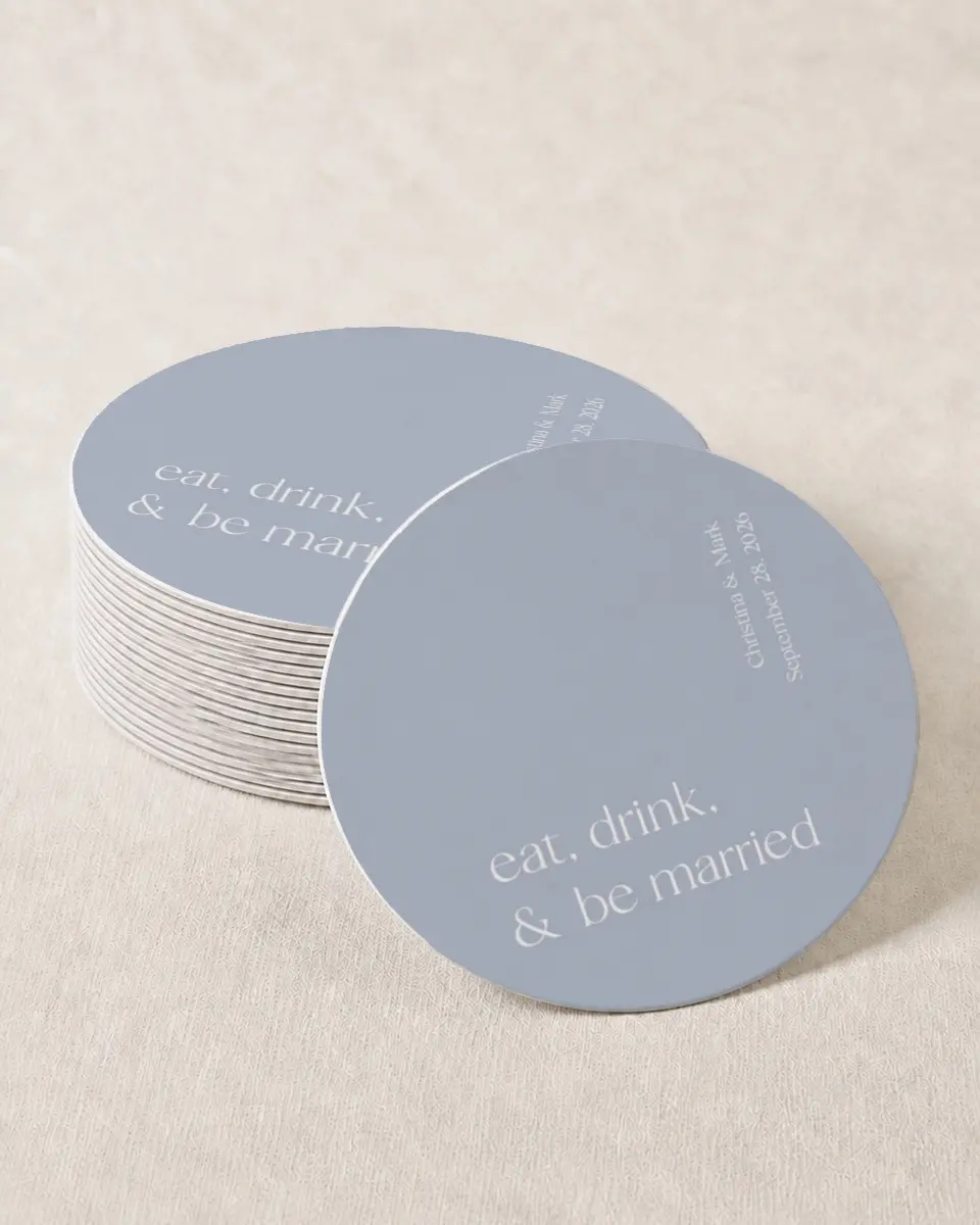 This is a 4" x 4" Wedding Coaster called Timeless Toast printed in full color with Gold foil on Kraft Chipboard paper