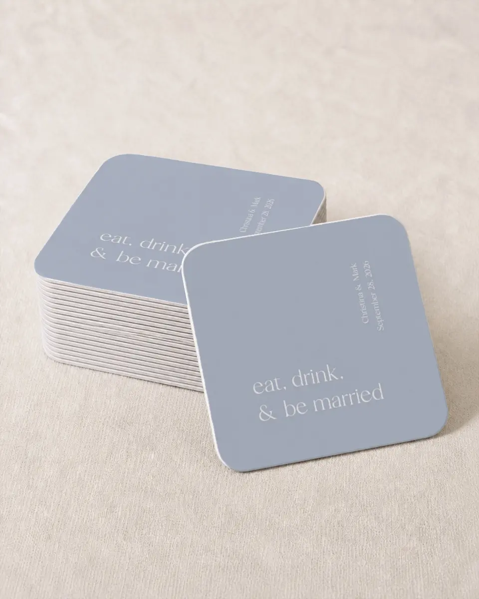 This is a 4" x 4" Wedding Coaster called Timeless Toast printed in full color on Kraft Chipboard paper