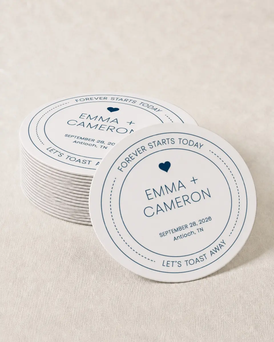 This is a 4" x 4" Wedding Coaster called Toast the Day printed in full color on Kraft Chipboard paper