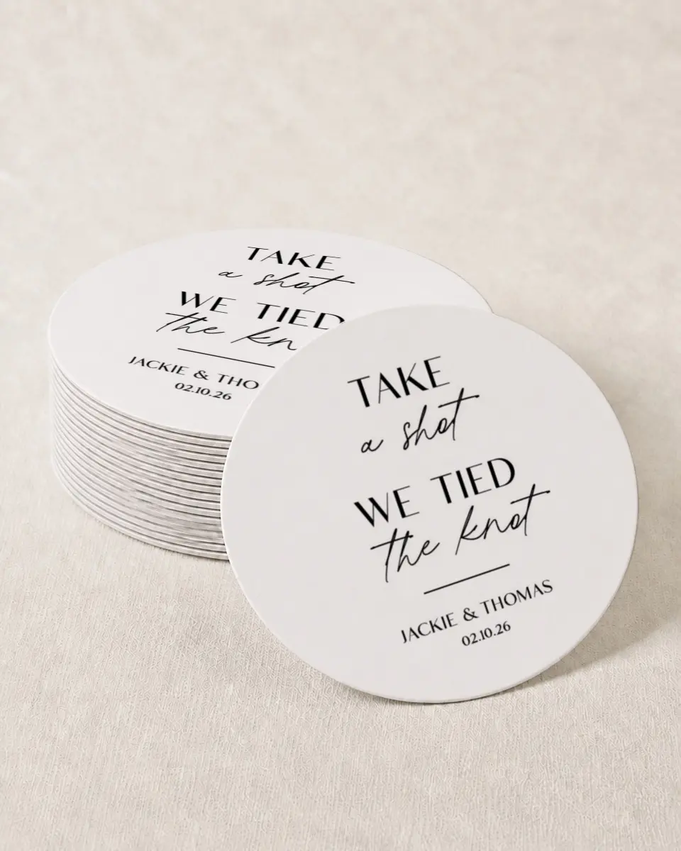 This is a 4" x 4" Wedding Coaster called Take a Shot printed in full color with Gold foil on Kraft Chipboard paper