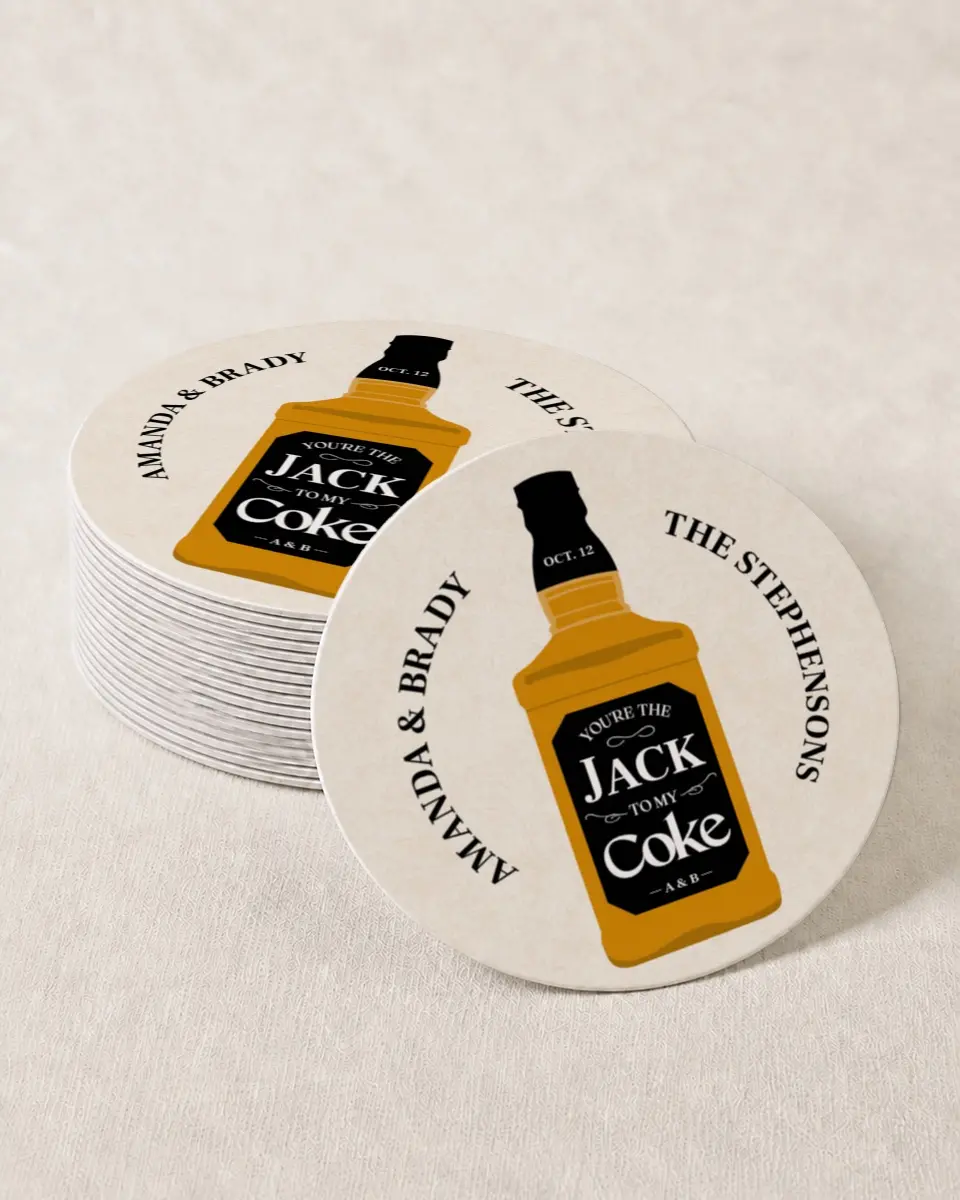 This is a 4" x 4" Wedding Coaster called Whiskey & Soda printed in full color with Gold foil on Kraft Chipboard paper