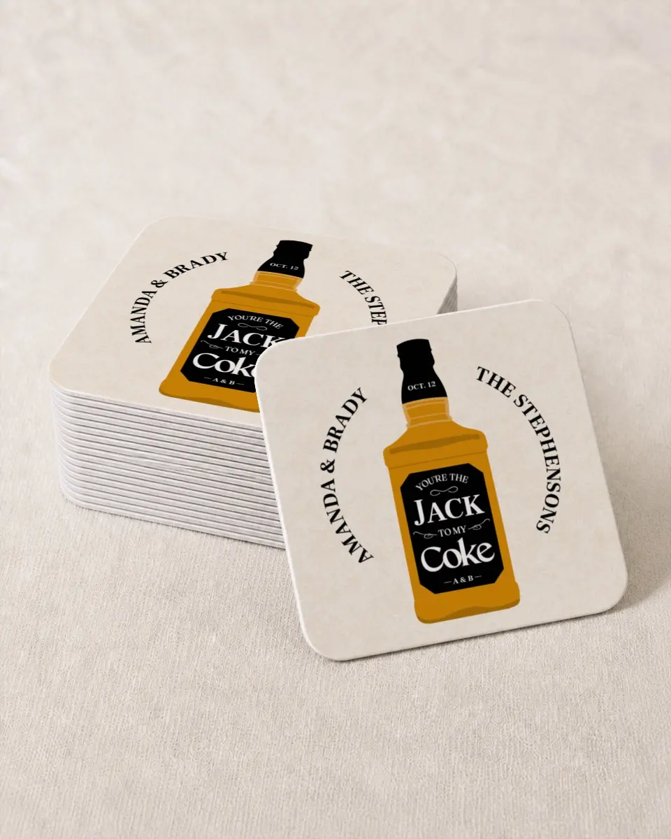 This is a 4" x 4" Wedding Coaster called Whiskey & Soda printed in full color on Kraft Chipboard paper