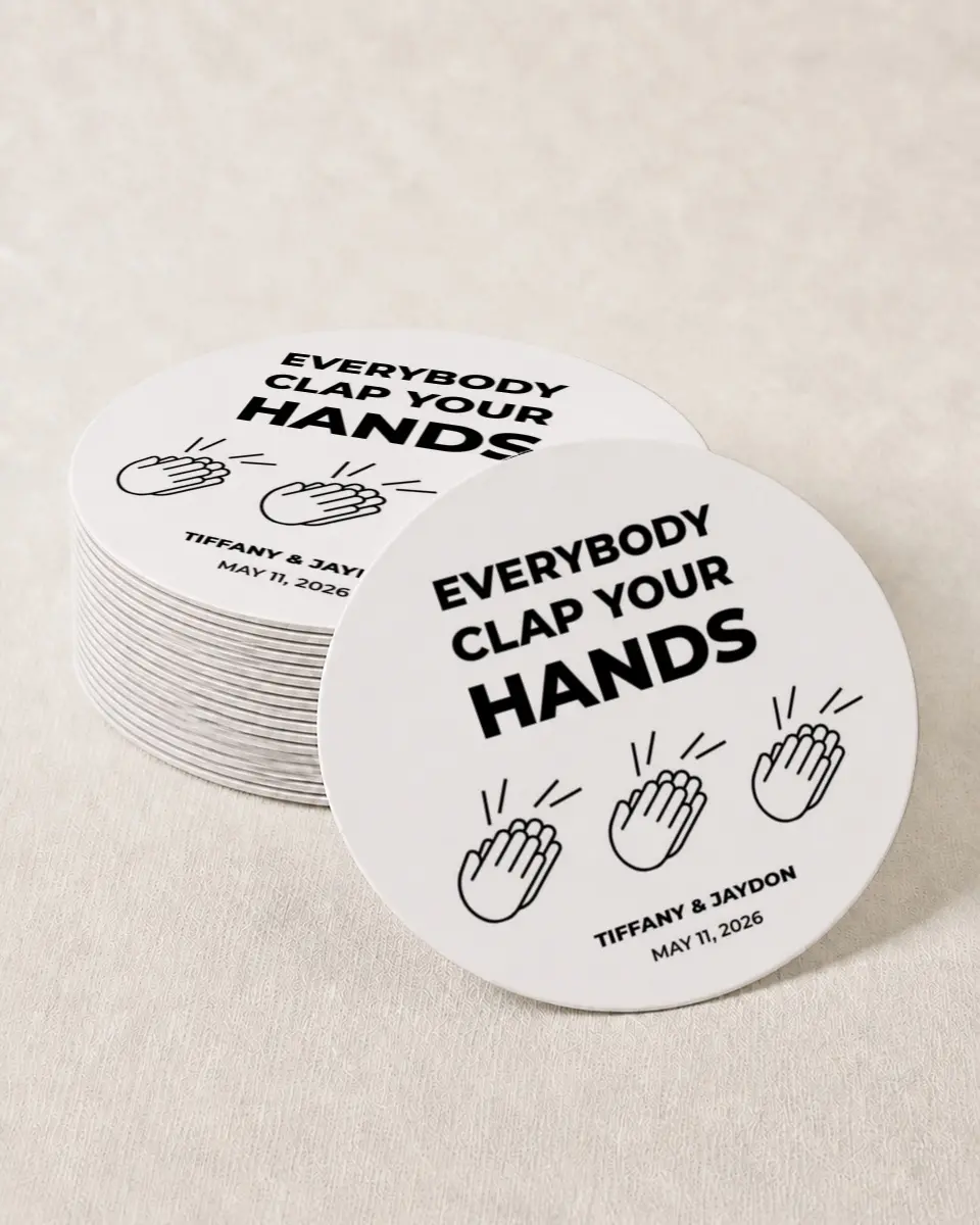 This is a 4" x 4" Wedding Coaster called Clap Your Hands printed in full color with Gold foil on Kraft Chipboard paper