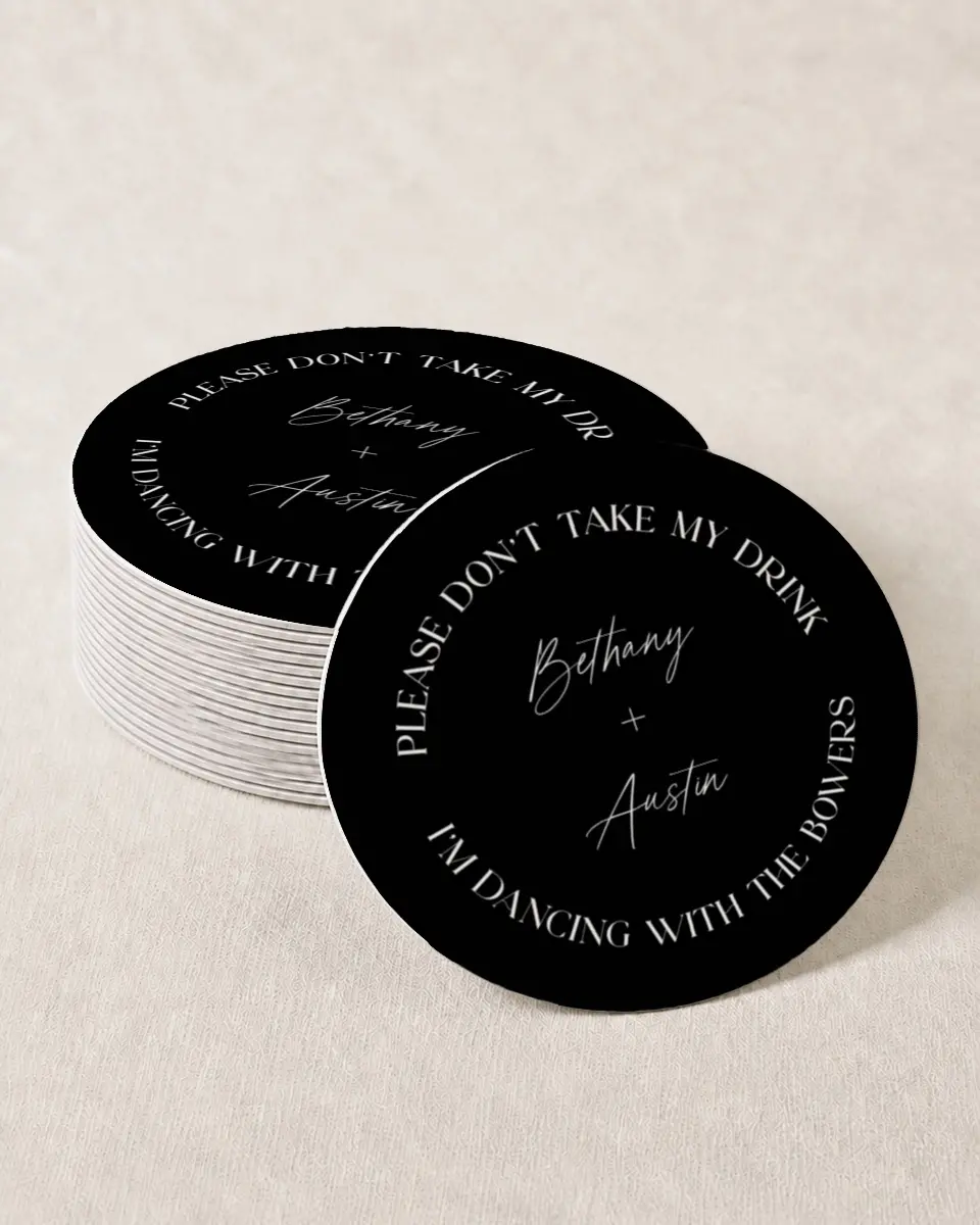 This is a 4" x 4" Wedding Coaster called I'm Dancing printed in full color with Gold foil on Kraft Chipboard paper